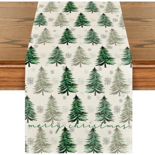 Artoid Mode Xmas Trees Snowflake Christmas Table Runner, Seasonal Winter Green Kitchen Dining Table Decoration for Home Party Decor 13x90 Inch