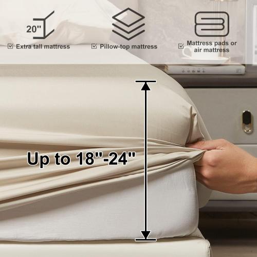 HYPREST Beige Sheets Queen- Rayon Derived from Bamboo，Silk Soft Breathable Luxury Cooling No Sweat, Extra Deep Pocket Queen Fits 18-24 Thick Mattress