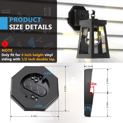 Siding Mounting Block, Siding Mounting Kit with Built-in Electrical Box, Vertical Siding Lamps Mounting Plate Siding Light Blocks for 1/2 inch Lap Siding, Black