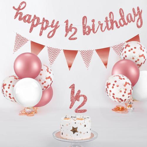 Skylety 1/2 Half Birthday Decorations 6 Months Outfit Baby Boy Banner Cupcake Topper Triangle Flag Banner Confetti Balloons Cake Topper for Girl Boy Baby Shower(Rose Gold)