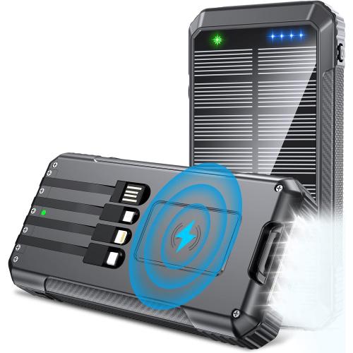 Color Black and Pink Djkk Power-Bank-Solar-Charger-Wireless Charger, 33800mAh Portable Charger 20W Fast Charging External Battery for All Mobile Devices,Three Inputs Solar Portable Charger with Dual Flashlights