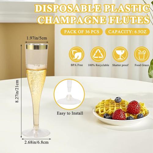 6.5 Oz Plastic Champagne Flutes Disposable 36 Pack Plastic Champagne Glasses with Gold Rim & Glitter Gold for Wedding Cocktail Elegant and Durable Stemware for Birthday Party Supplies