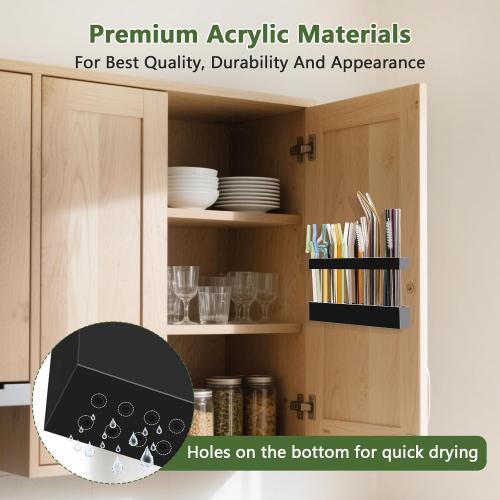 Malldii 9.5 Large Acrylic Straw Holder for Cabinet Door - Reusable Tumbler Straw Organizer Storage, Small Kitchen Accessories Container, Ultra Sticky Cupboard Door Mounted (Black)