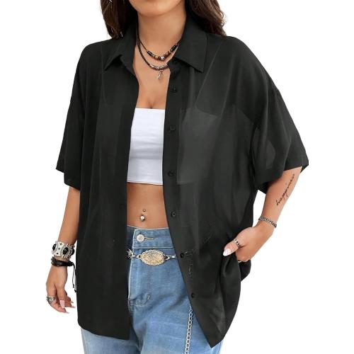 Women 2XL Mesh Button Down Top Half Sleeve Collared Shirt Blouse