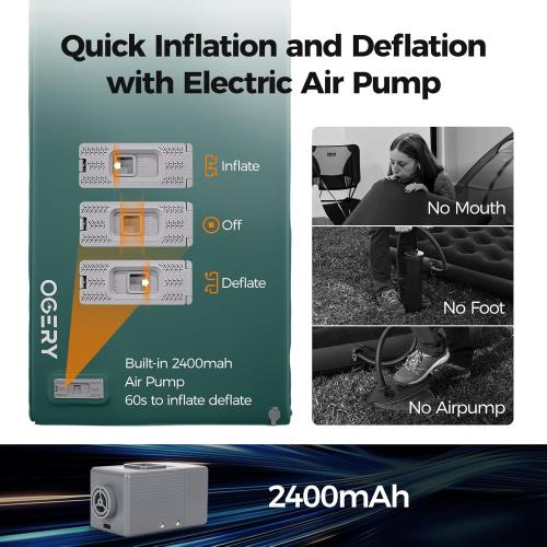 OGERY Self Inflating Sleeping Pad with Electric Pump, 3.15 Ultra-Thick Memory Foam Camping Pad, 4 Season Camping Mattress Pad with Built-in Pillow, Camping Essentials Gear for Tent Travel Car