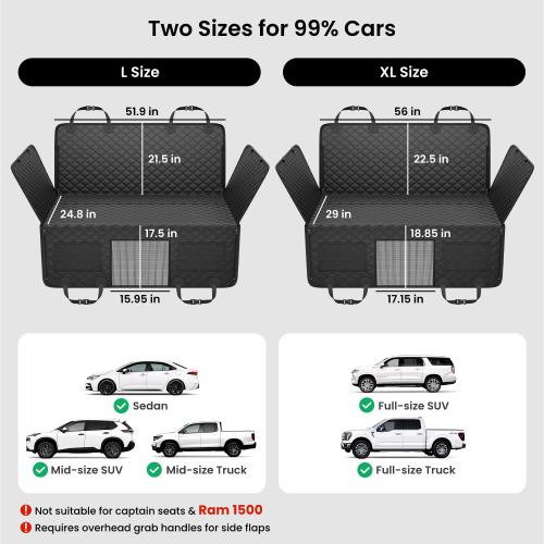 REEVAA Dog Car Seat Cover for Back Seat, Hard Bottom Dog Hammock, Pet Bed Extender for 2-4 Large/Medium Dogs, Waterproof Seat Protector, Universal L Size Fits for SUV Medium Truck, Black