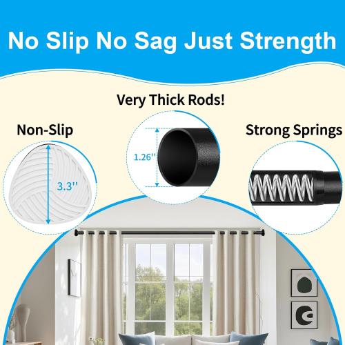 Tension Curtain Rod 51-126 Inch, Long Curtain Rod No Drilling for Window or Bathroom, Outdoor Curtain Rods for Patio Tension Rods, Easy to Install, Never Rust, Rod Diameter 1.26 Inches - Black