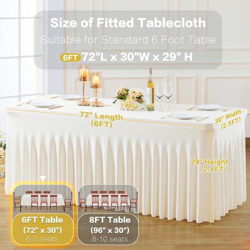 gogoparti 1 Pack Spandex Ivory Fitted Table Cloth for 6ft Rectangle Tables Ivory Stretch Tablecloth Banquet Table Covers Skirt Wrinkle Free Tablecloths for Parties Wedding
