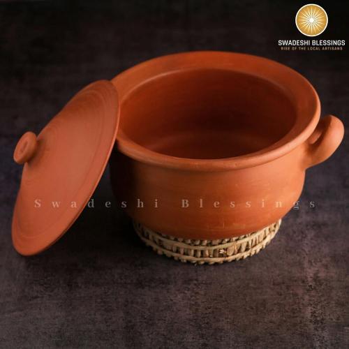 Swadeshi Blessings Exclusive Range Unglazed Clay Pot For Serving with Lid/Earthen Kadai/Mud Handi/Mitti Ke Bartan (With Mirror Shine)   PALM STAND & ASH For Cleaning (3.5 Liters)