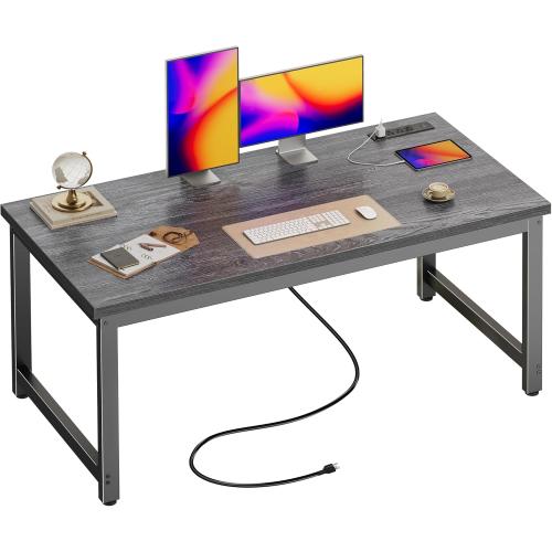 Huuger 55 x 24 inch Desk with Power Outlets & USB-C, Deeper & Thicker Desktop, Robust Metal Tubes, Computer Desk, Heavy Duty Office Desk, Work Gaming Desk for Home Office, Grey