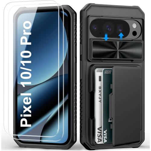 BXYJY for Google Pixel 10 & 10 Pro Case with Screen Protector (Tempered Glass), Card Holder (4-5 Cards), Slide Camera Cover, Military Grade Drop, Men Women Shockproof Case for Pixel 10 & 10 Pro, Black