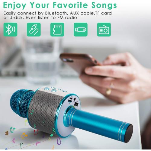 KIDWILL Wireless Bluetooth Karaoke Microphone for Kids, 5-in-1 Portable Handheld Karaoke Mic Speaker Player Recorder with Adjustable Remix FM Radio for Kids Girls Boys Teens Birthday (858-Blue)