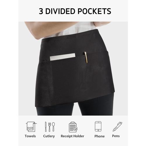 Syntus 3 Pack Server Aprons with 3 Pockets, Waterdrop Resistant Waitress Waiter Waist Apron, 11.5-inch Black