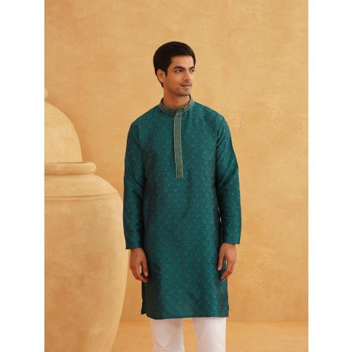 Size Large 40 ojanya (Since 1958 Men's Red Jacquard Silk Kurta & Churidaar Pyjama