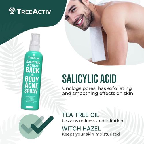 Back Acne Spray, 2% Salicylic Acid (BHA) Body Acne Spray, Fast-Drying Tea Tree Oil   Aloe Mist for Back, Chest, Shoulders & Butt, 4 fl oz