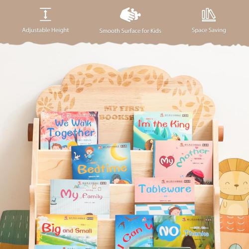 WOODEN TEETHER 5-Tier Montessori Bookshelf for Kids - Durable Rubber Wood Bookcase with Chalkboard & Storage - Display Rack for Nursery & Kids Room