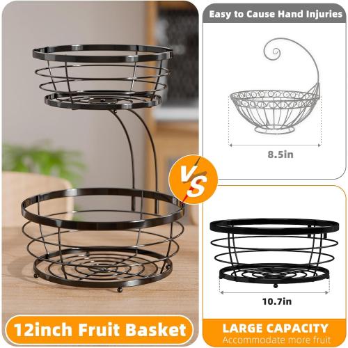 Simple Trending 2 Tier Fruit Basket Bowl for Kitchen Counter, Metal Wire Stackable Vegetable Storage, Black