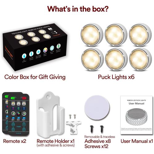 White 6 Pack Puck Lights with Remote Control, Battery Operated Wireless Under Cabinet Lighting, Stick on Tap Push Lights for Kitchen, Shelf, 6 Pack - White