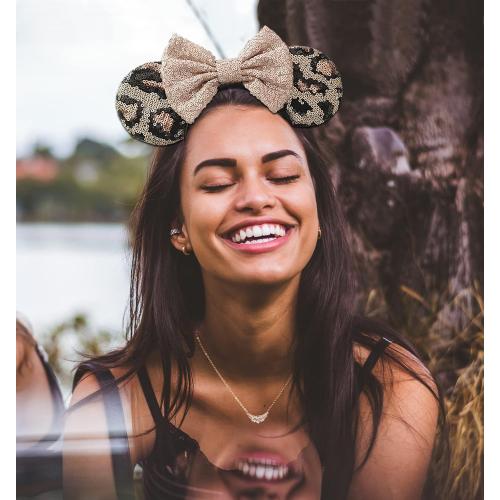 Bows Mouse Ears Headband - 2 Pcs Cute Sequin Headband for Women, Suitable for Halloween Variety Holiday Party Favors and Cosplay Role Play(Rose Gold and Leopard Print)