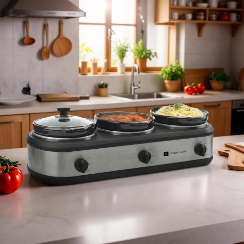 CULINARY CHEF, Triple Slow Cooker, Buffet Server 3 Pot, Food Warmer - Stainless