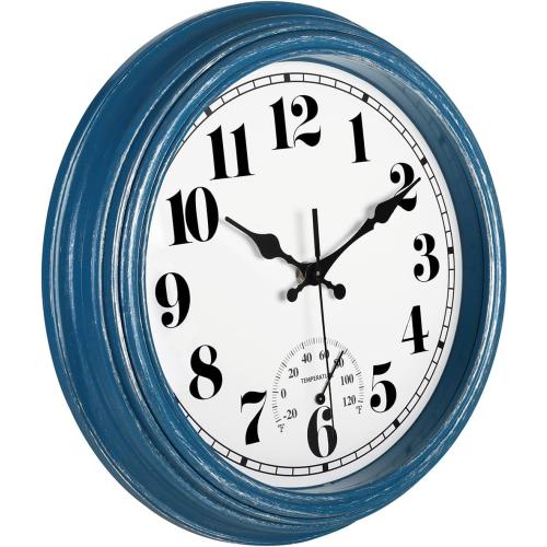 JENLYSTIME 12 Inch Indoor/Outdoor Retro Waterproof Wall Clock with Thermometer Silent Round Quartz Battery Operated Easy to Read Decorative for Kitchen Patio,Bathroom,Deck,Porch,Pool(Blue)