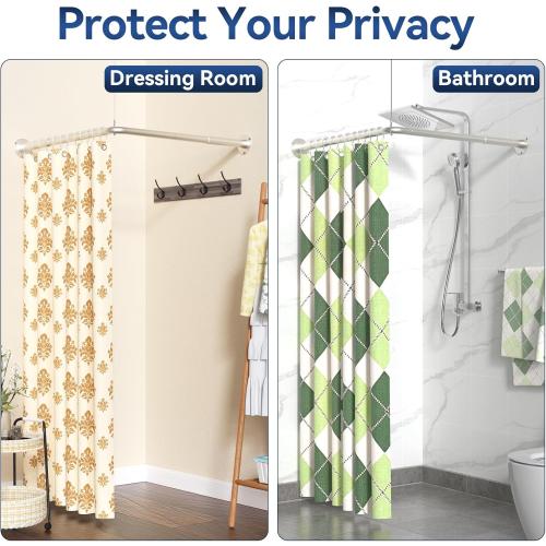L Shaped Shower Curtain Rods, Adjustable (23''-69'' X 23''-69'') Corner Shower Rod with 12 Shower Curtain Rings, All 304 Stainless Steel, for Bathroom, Bathtub, Clothing Store, Need to Drill, Silver