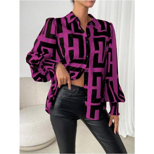 SweatyRocks Women's Graphic Print Long Lantern Sleeve Collar Neck Button Front Blouse Shirt Top Medium