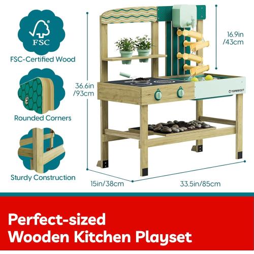 TOP BRIGHT 4 In 1 Mud Kitchen for Kids, Wooden Outdoor Playhouse for Water & Sand Play, Cooking & Gardening Playset with Accessories, Sensory Table Set, Backyard Pretend Play Toy for Boys Girls Ages 3