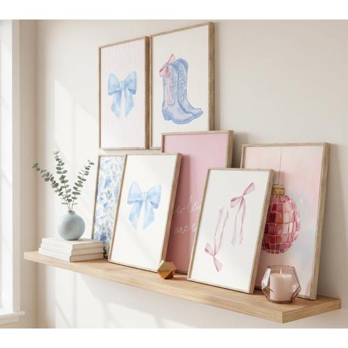 6Pcs Blue Pink Preppy Canvas Wall Art Coquette Room Posters Print Artwork Cute Bow Boot Wall Decor How Lucky Are We Painting Pictures for Girls Room Dorm Bedroom Home Decoration 8x10in Unframed