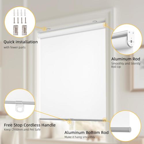 ChrisDowa Cordless Free-Stop 100% Blackout Blinds for Windows, Roller Windows Shades with Thermal Insulated, UV Protection Fabric for Living Room, Office and Home. Easy to Install.White,34 W X 72 H