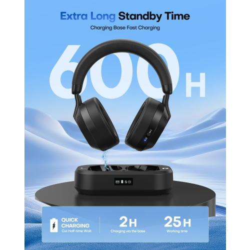 Wireless Headphones for TV with LED Display, TV Headphones Wireless for Seniors with Transmitter Charging Base, No Audio Delay Bluetooth V5.3, Plug and Play, Gift for Seniors/Hearing Impaired (Black)