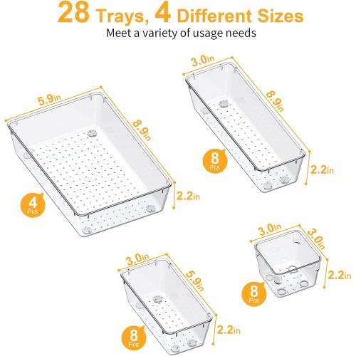 SMARTAKE 28 Piece Drawer Organizers with Non-Slip Silicone Pads, 4-Size Desk Drawer Organizer Trays Storage Tray for Makeup, Jewelries, Utensils in Bedroom Dresser, Office and Kitchen, Clear