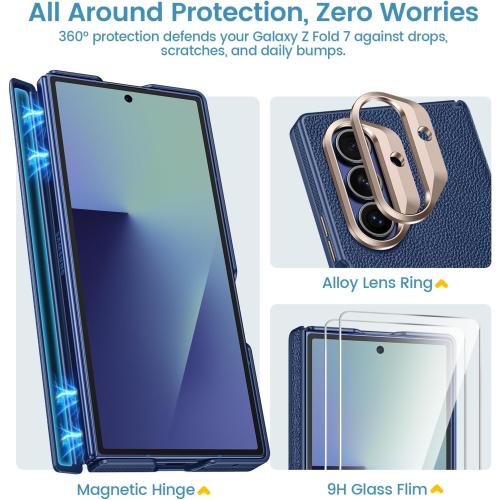 for Samsung Galaxy Z Fold 7 Case with Screen Protector, [One Piece Box-Style Case] [Compatible with Magsafe] [Hinge Protection] Slim Thin Full Body Shockproof Leather Phone Cover for Z Fold7 - Blue