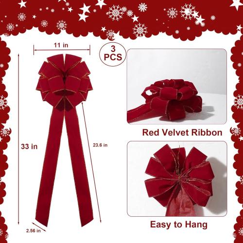 Red Velvet Christmas Tree Bows - Set of 3 Large 12x33 Inch Vintage Holiday Bows for Xmas Tree Decorations, Gift Wrapping, Garland, Party Decor for Indoor Outdoor Dilicoming