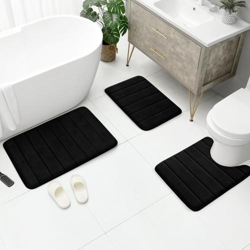 BYSURE Black Memory Foam Bathroom Rug Set 3 Piece, Non Slip Extra Soft Absorbent Washable & Dry Toilet Bath Mat Sets