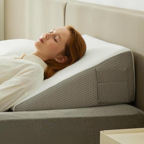 Bedluxe Wedge Pillow, 8 inch Bed Wedge Pillow for Headboard, Pillow Wedge for Acid Reflux Relief, Sleeping, After Surgery, Snoring, Gerd, Triangle Pillow Wedge - Cooling Memory Foam Top, White/Grey