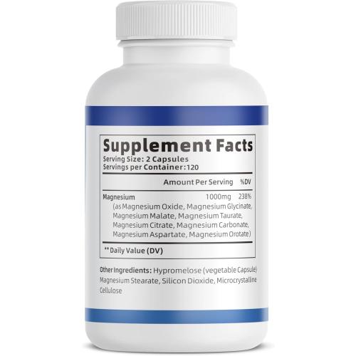 1000mg Magnesium Complex for Women and Men, Magnesium Glycinate, Citrate, Malate, Taurate, Oxide, Carbonate, Aspartate, Orotate, 8-in-1 Magnesium Supplement - Non GMO 240 Capsules