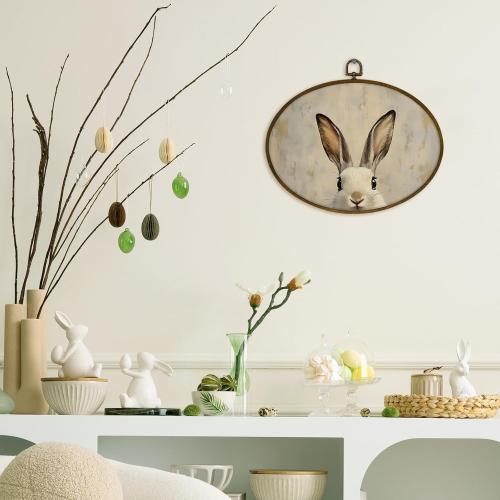 nvucamd Vintage Bunny Oval Wall Art Decor Framed, Classic Rabbit Canvas Prints Wall Art, Retro Farmhouse Easter Bunny Gifts Hanging Decor for Home Bedroom Bathroom Nursery, 11.3x8.7 Inches