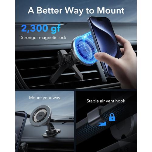 ESR for MagSafe Car Mount, Magnetic Phone Holder for Car Air Vent, Car Phone Holder Mount for iPhone 17e/17/16/16e/15/14/13/12/Samsung, All Smartphones(2 Metal Rings Included),Charging Not Supported