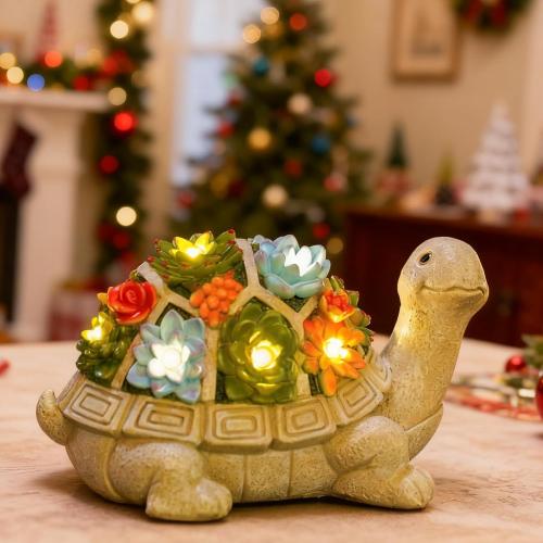 Nacome Solar Garden Outdoor Statues Turtle with Succulent and 7 LED Lights - Lawn Decor Tortoise Statue for Patio, Balcony, Yard Ornament - Unique Housewarming Gifts