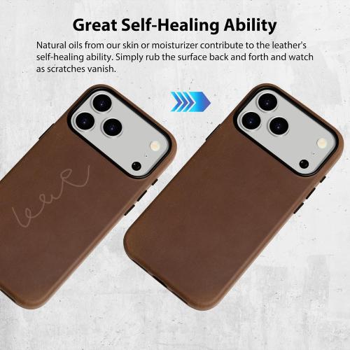 Belemay Handcrafted Crazy Horse Leather Case for iPhone 17 Pro, Compatible with MagSafe, Vintage Aesthetic, Two-Tone Effect, Unique Patina, Camera Control Button, Metal Buttons (6.3), Vintage Brown