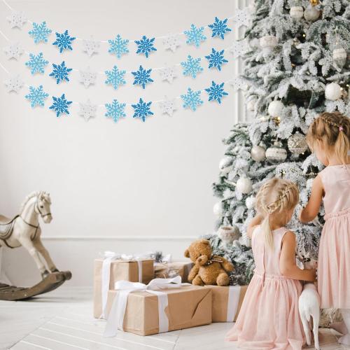 Whaline 4Pcs Snowflake Felt Banner WHITE PINK AND DARK PINK  Snowflake Garland Winter Bunting Garland for Christmas Winter Holiday Hanging Decoration