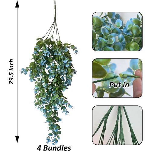 Lakiyfye Vine Plant Fake 4 Pcs Ferns Artificial Plants Large Faux Hanging Plant Artificial Hanging Plants Wall Plants Fake Ivy Room Decor Home Garden Wedding Party Indoor Outdoor Decorations(Blue)