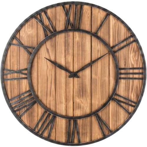 Oldtown Rustic Farmhouse Metal & Solid Wood Noiseless Wall Clock (Wood, 30-inch)