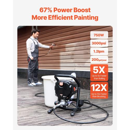 VEVOR 750W Stand Airless Paint Sprayer, 3000PSI High Efficiency Electric Airless Sprayer, Fine and Even Painting Effect, Handheld Paint Sprayers for Home Interior and Exterior Furniture and Fences