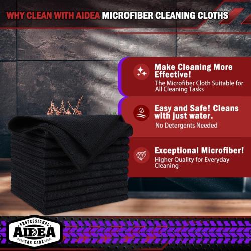 AIDEA Microfiber Cleaning Cloth Black 10PK, Microfiber Towels for Cars, Premium Wash Cloths, Dusting Cloth Lint Free Cleaning Rags for SUVs, House, Kitchen, Window, Cleaning Supplies12×12