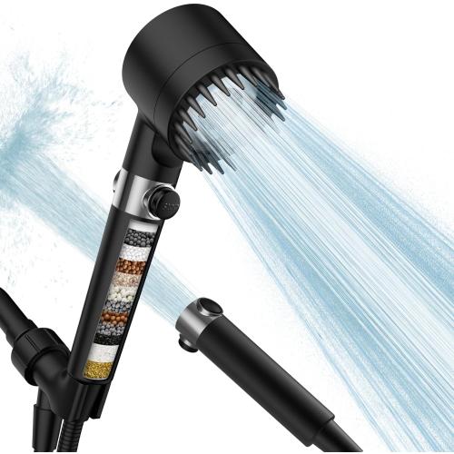 Color Black Filtered Shower Head with Handheld, High Pressure 3 Spray Mode Showerhead with 18 Stage Water Softener Filters for Hard Water - Remove Chlorine-BLACK