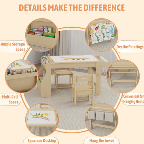 Kids Art Table with 2 Chairs, Kids Craft Table with Storage, Wooden Activity Desk for Toddler Crafts, Drawing Learning Desk with Storage, Paper Roll, Chairs, Gifts for Boys and Girls