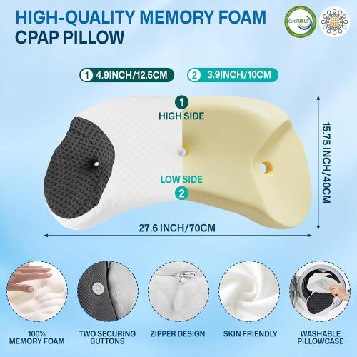 CPAP Pillow for Side & Back Sleepers - Mask Compatible Contour Design to Reduce Leaks, Breathable Memory Foam Pillow with Ergonomic Support & Hose-Friendly Cutouts for Comfortable Sleep, Black