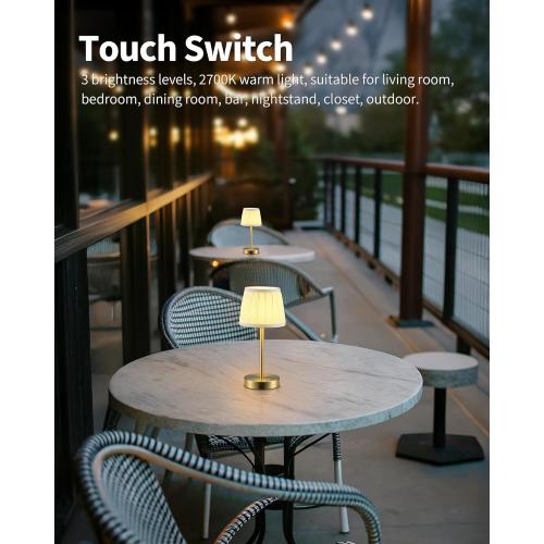 PUSU Cordless LED Gold Table Lamps, Rechargeable 4000mAh 3 Way Dimmable Bedside Small Lamp with Fabric Shade, Lighting for Bedroom, Kids Room, Bathroom, Kitchen, Decor, Gift, Night Light